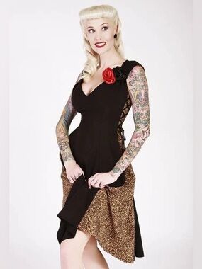 Bettie Page Black Leopard SideEffect Mid Fit & Flare Lace Up Cocktail Dress SzXL